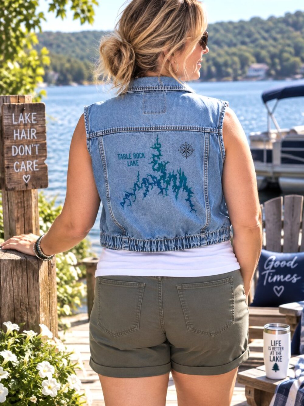 Upcycled Cropped Denim Vest Painted Table Rock Lake Map Plus Size
